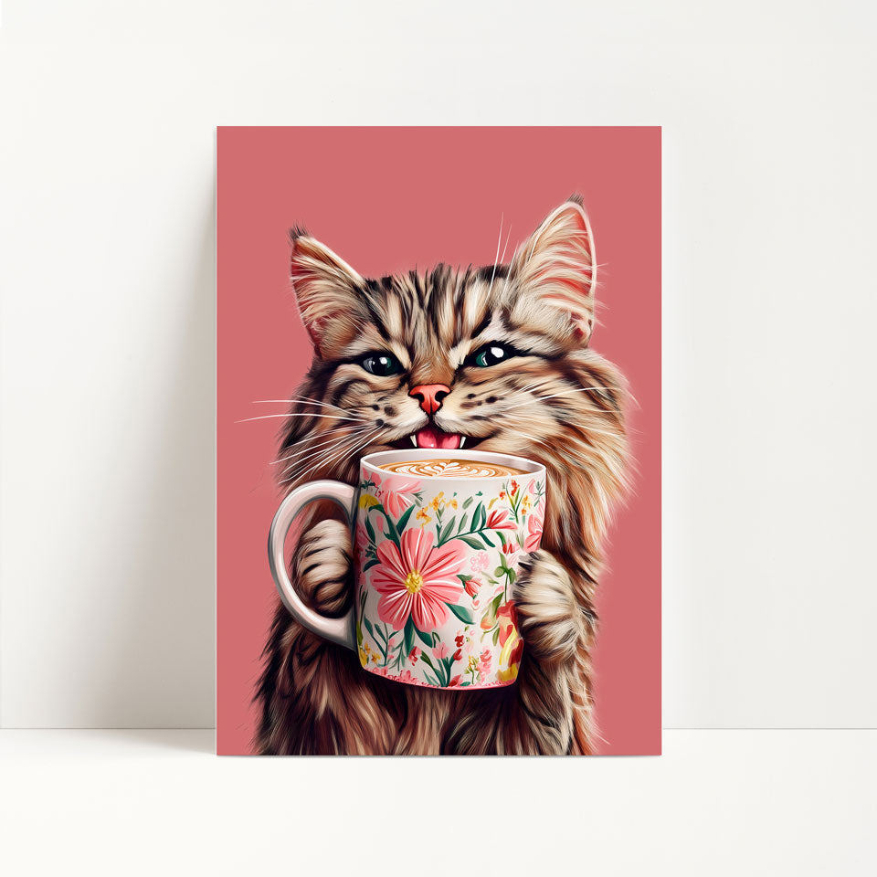 Tabby Cat Drinking Coffee Print