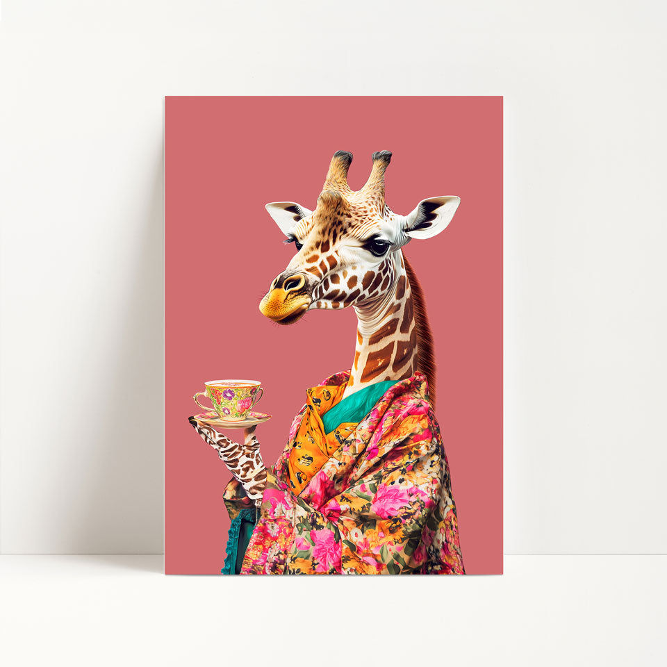 Giraffe Drinking Tea Maximalist Print