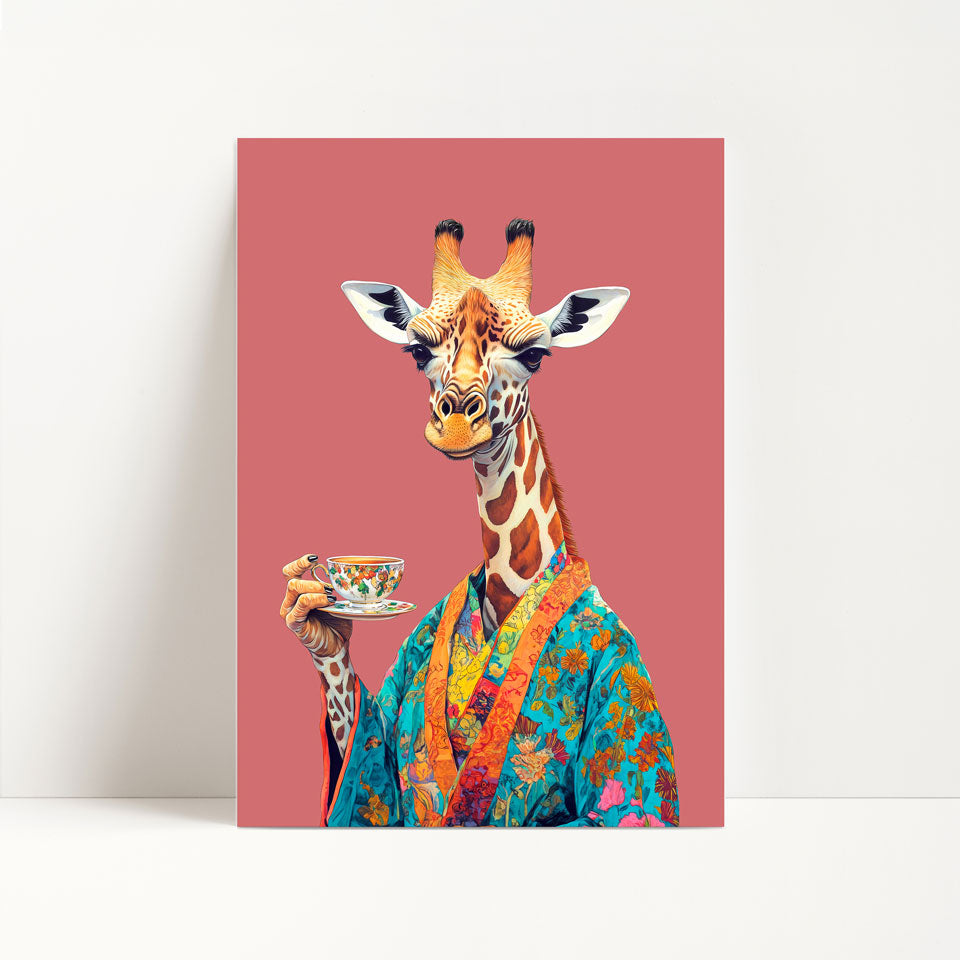 Giraffe Drinking Tea Print