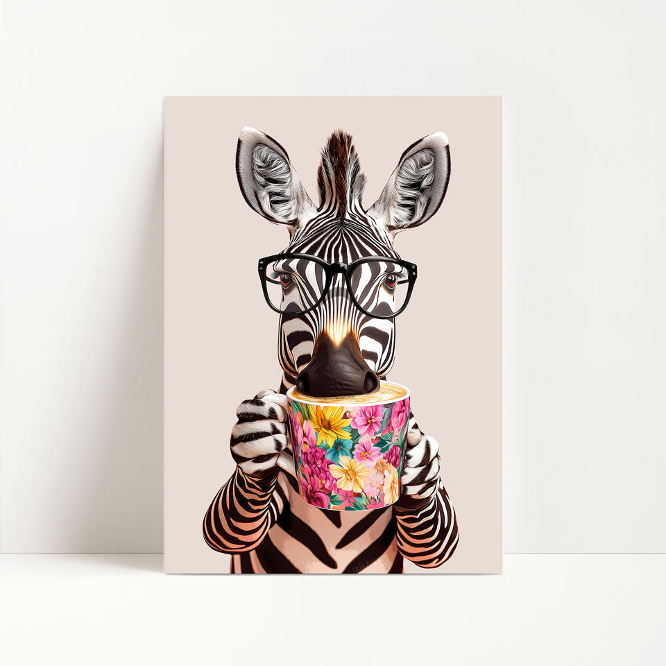 Zebra Drinking Coffee Print