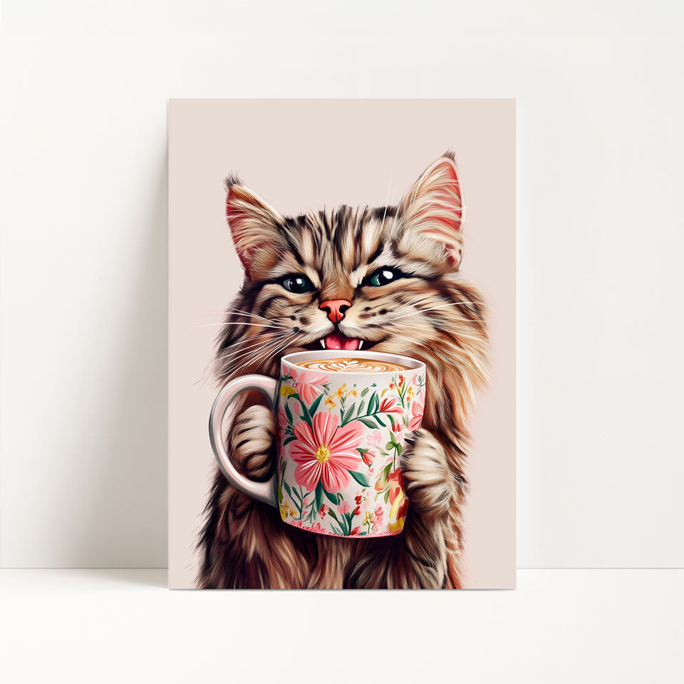 Tabby Cat Drinking Coffee Print