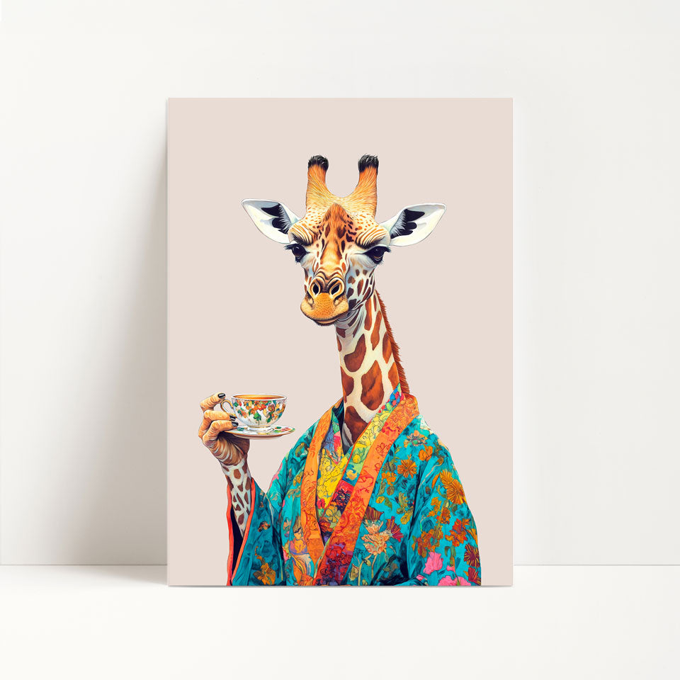 Giraffe Drinking Tea Print