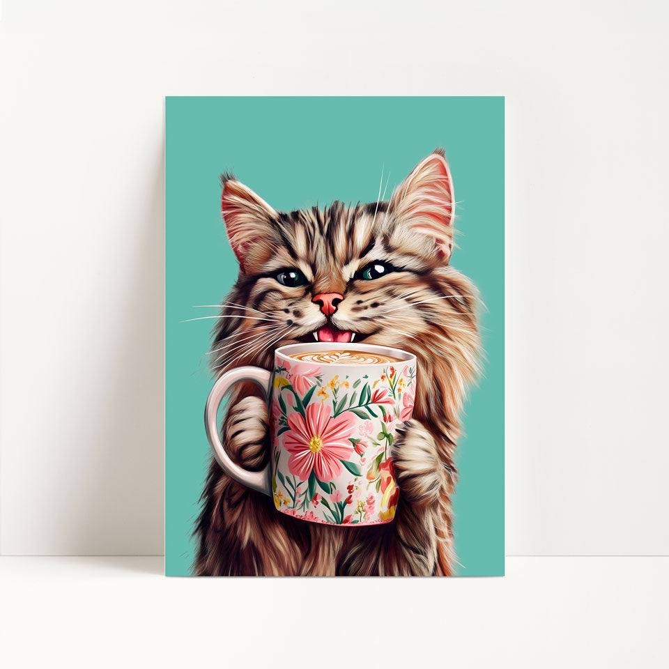 Tabby Cat Drinking Coffee Print