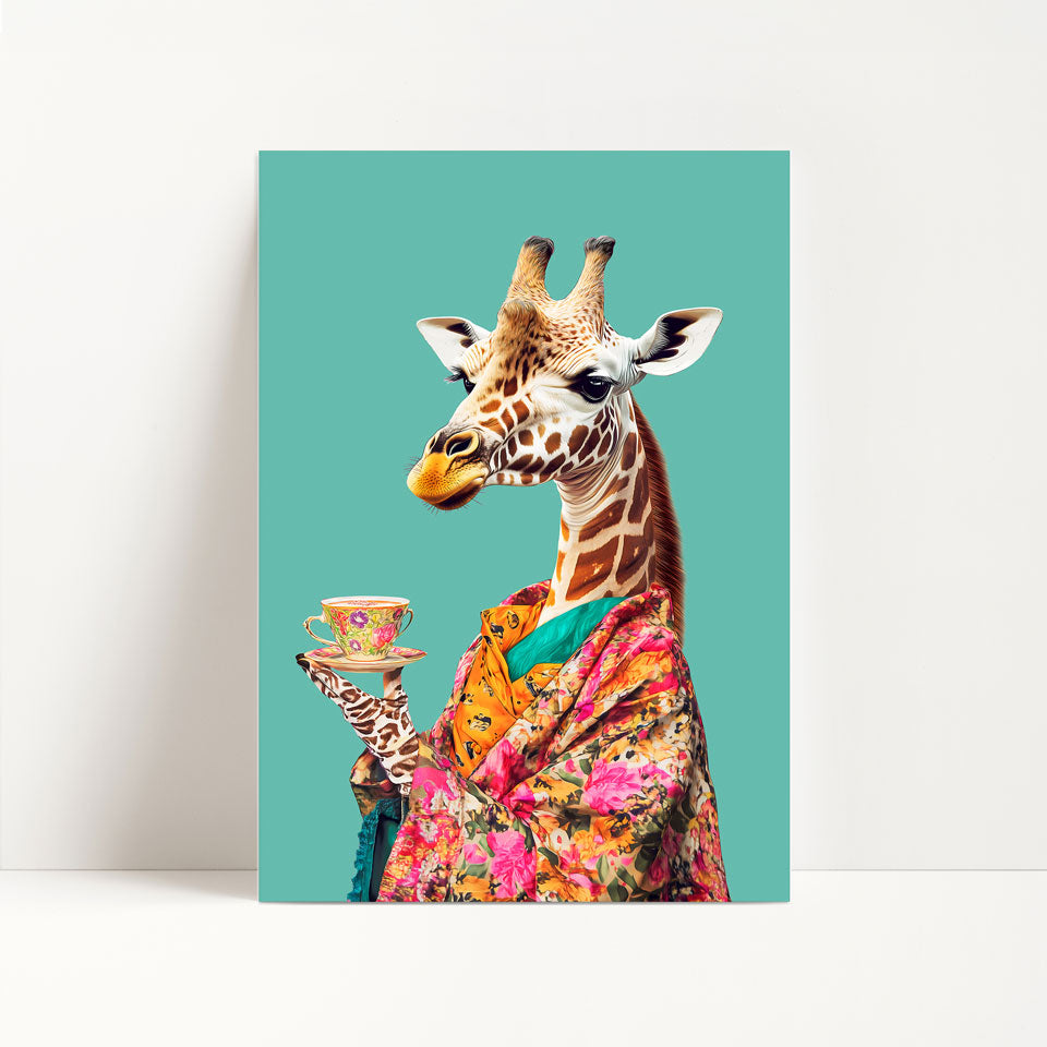 Giraffe Drinking Tea Maximalist Print