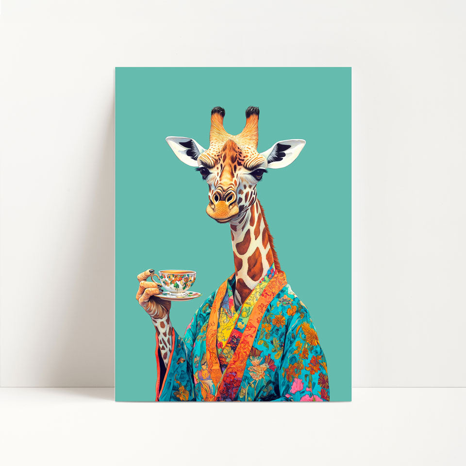 Giraffe Drinking Tea Print
