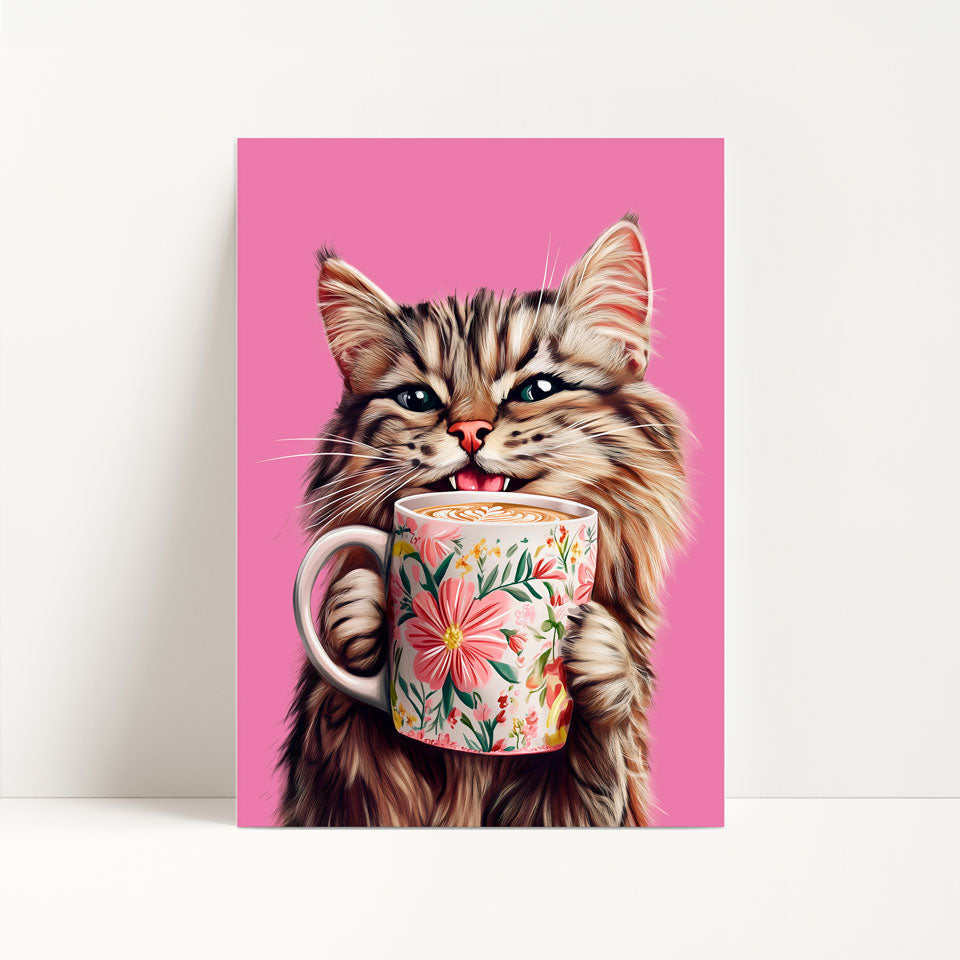 Tabby Cat Drinking Coffee Print
