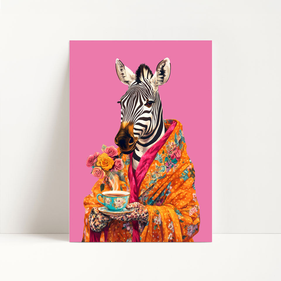 Zebra Drinking Tea Print