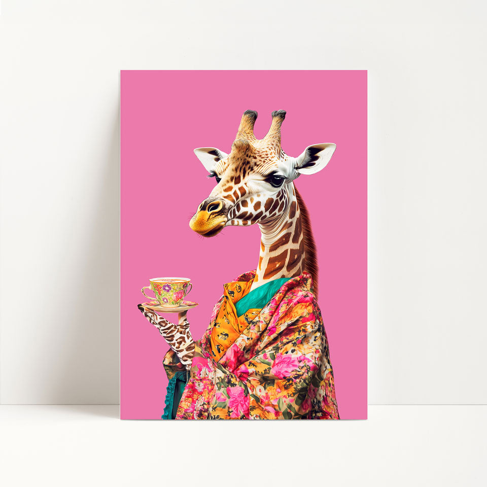 Giraffe Drinking Tea Maximalist Print