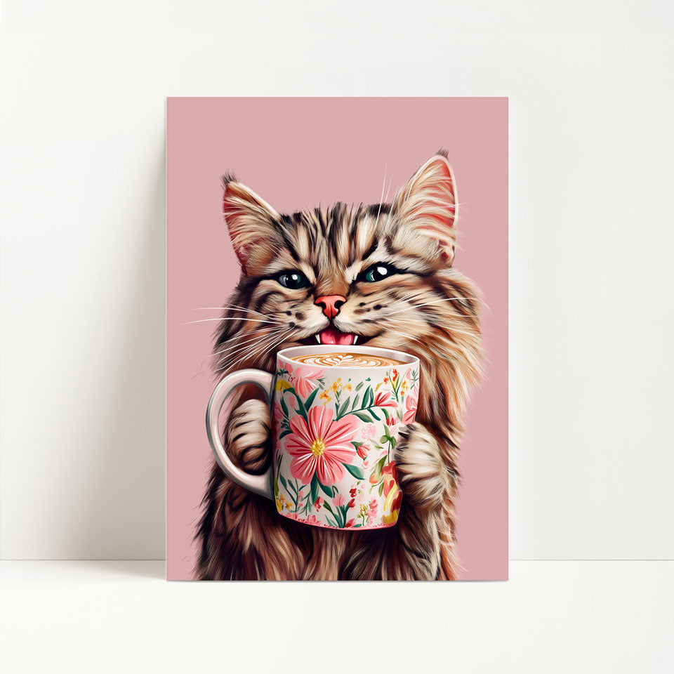 Tabby Cat Drinking Coffee Print