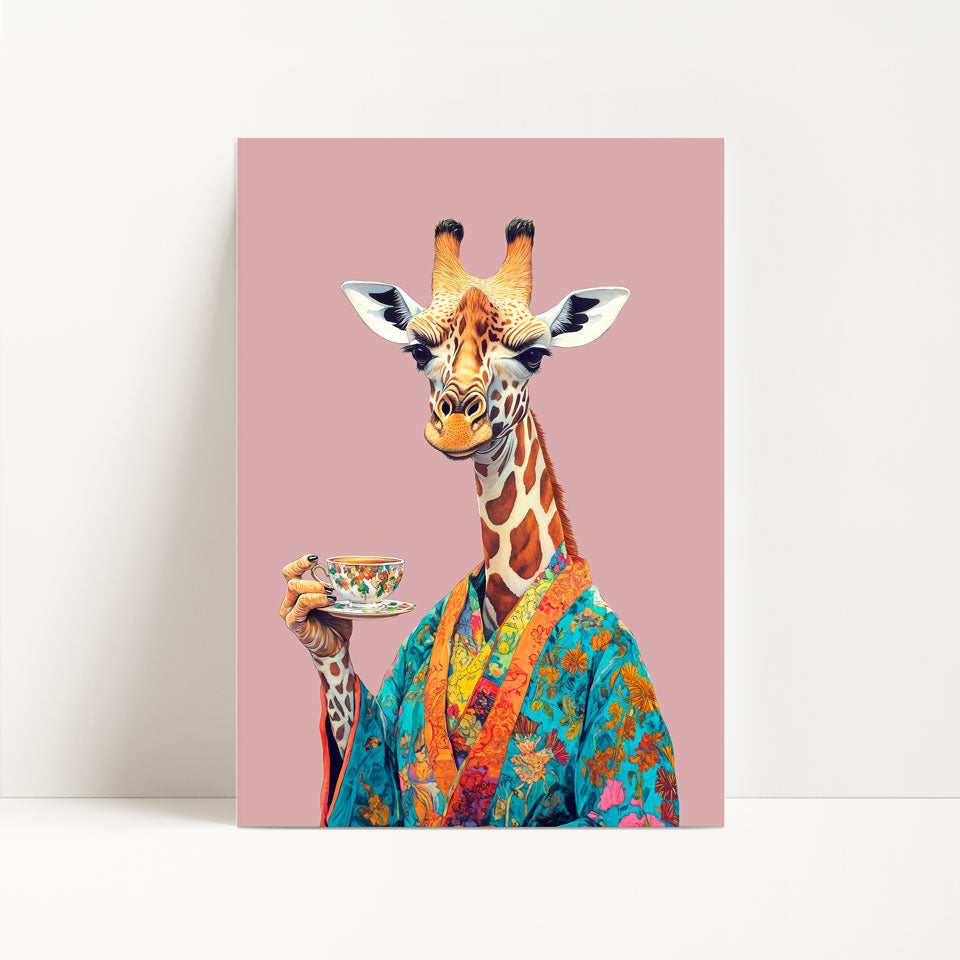 Giraffe Drinking Tea Print