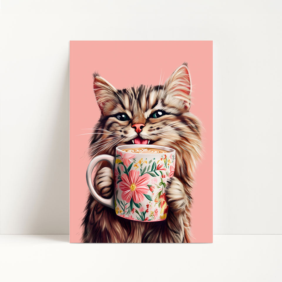 Tabby Cat Drinking Coffee Print