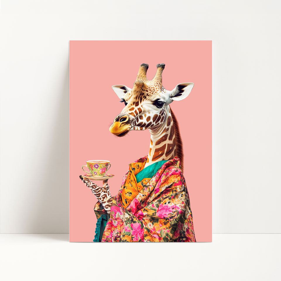 Giraffe Drinking Tea Maximalist Print