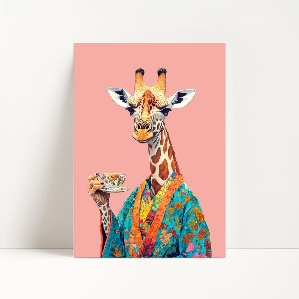 Giraffe Drinking Tea Print