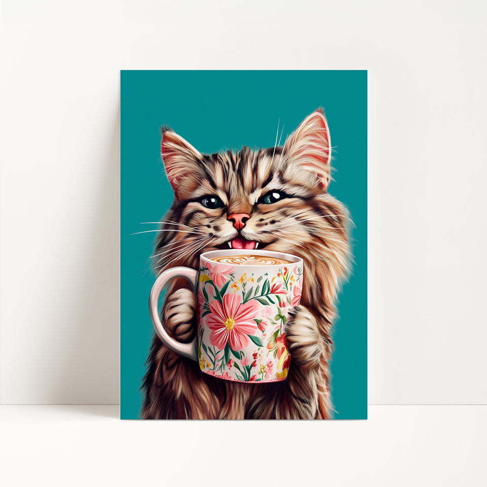 Tabby Cat Drinking Coffee Print