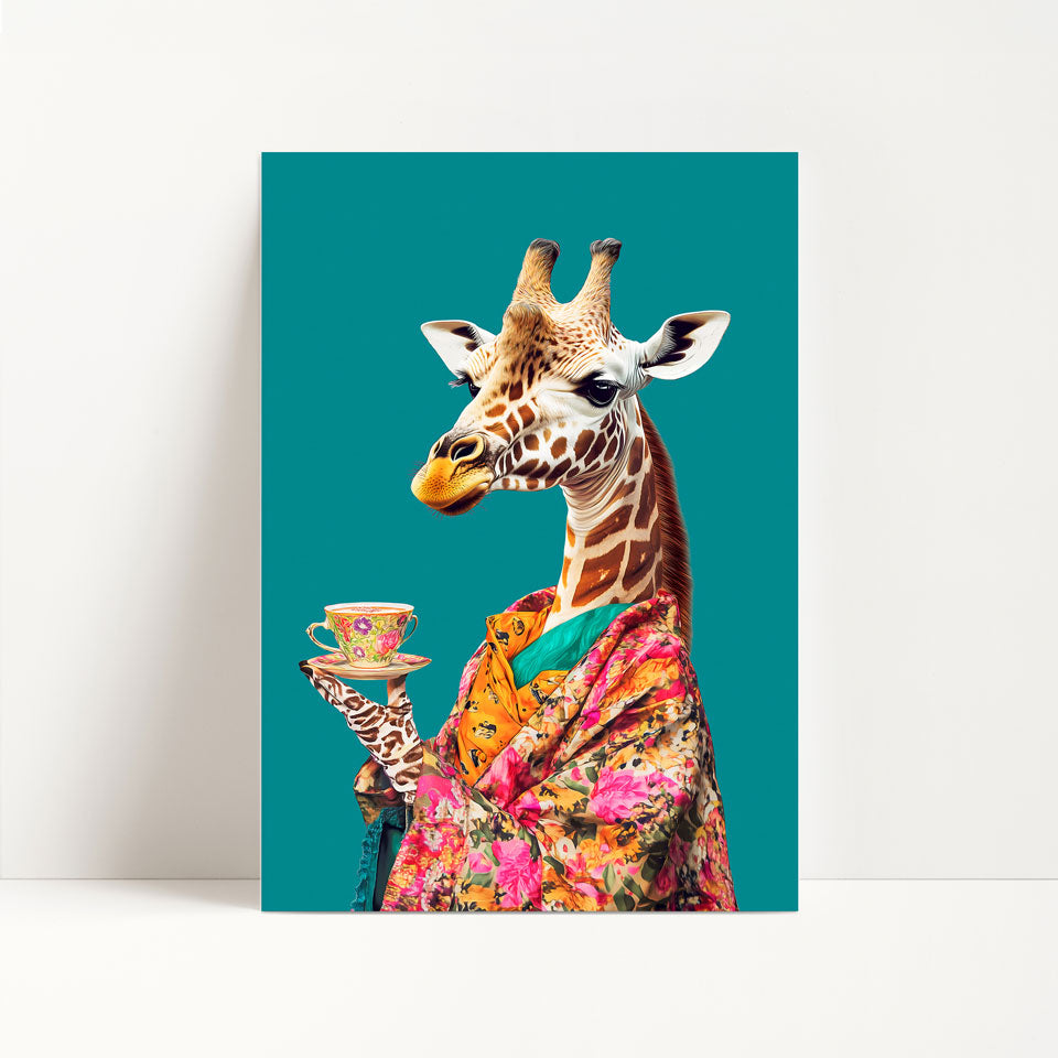 Giraffe Drinking Tea Maximalist Print