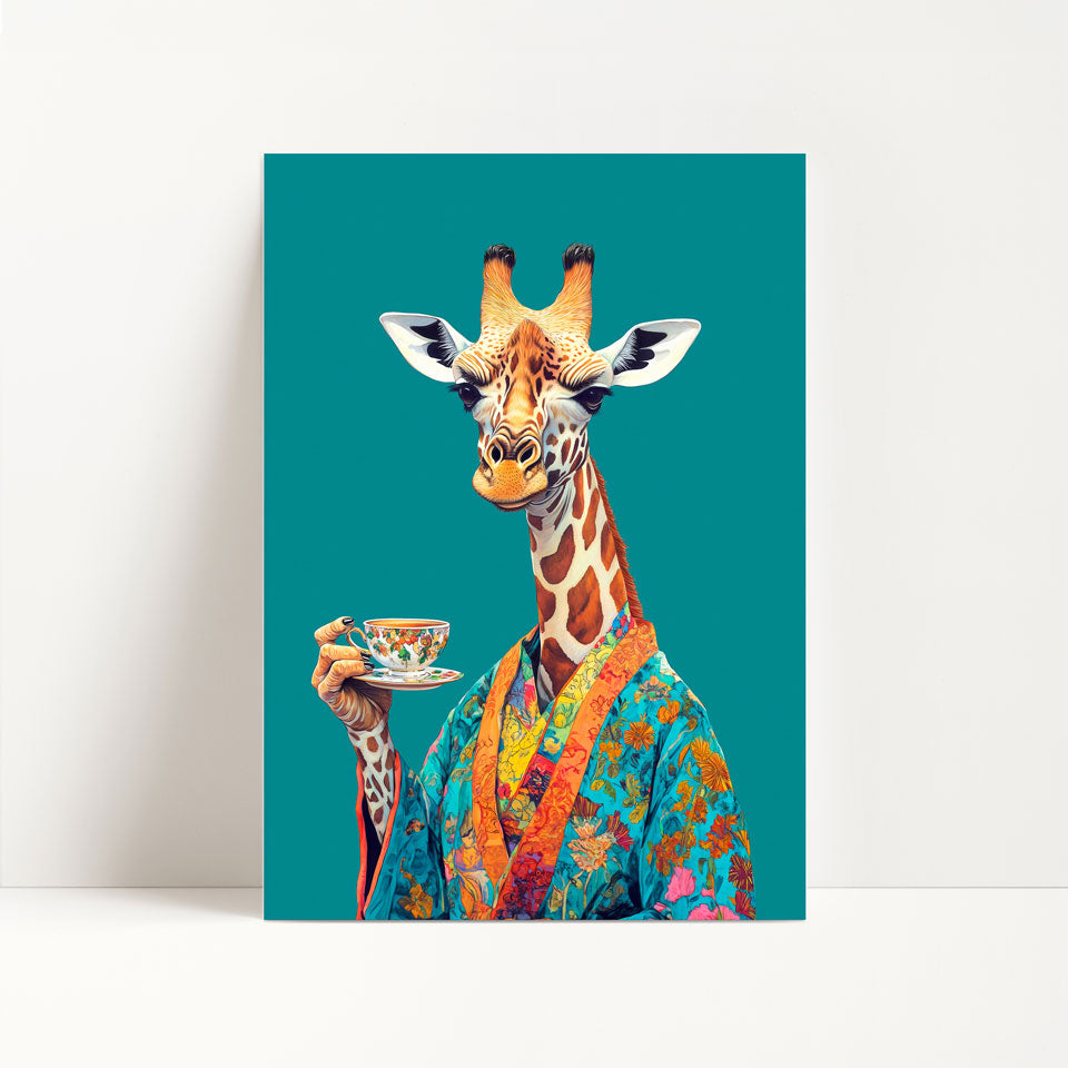 Giraffe Drinking Tea Print