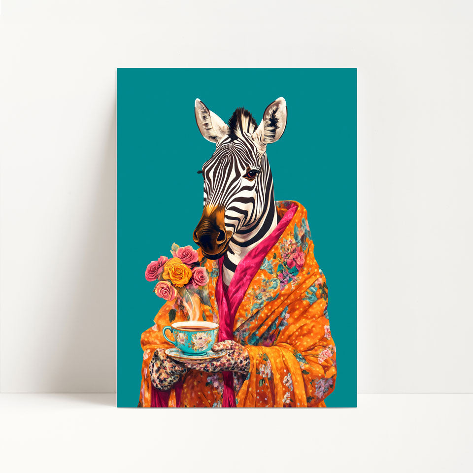 Zebra Drinking Tea Print