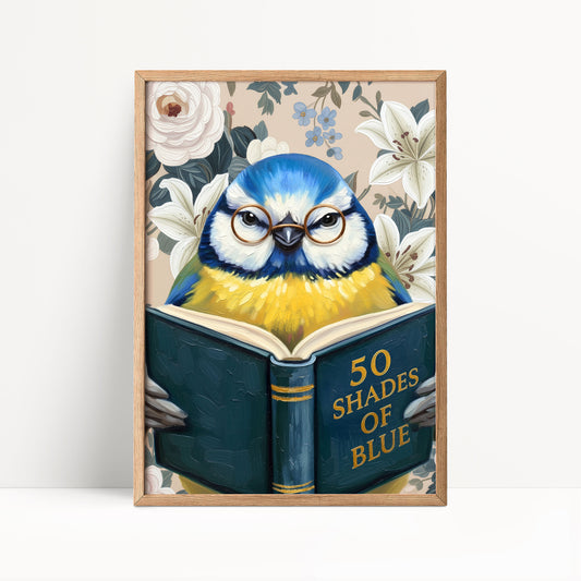 Funny Blue Tit Reading Book Art – Quirky Bird Lover Wall Decor