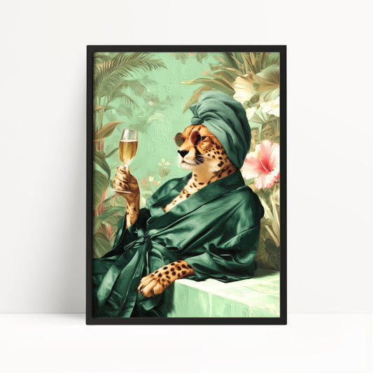 Funny Cheetah in Robe Print: Green Maximalist & Jungle Safari Home Decor