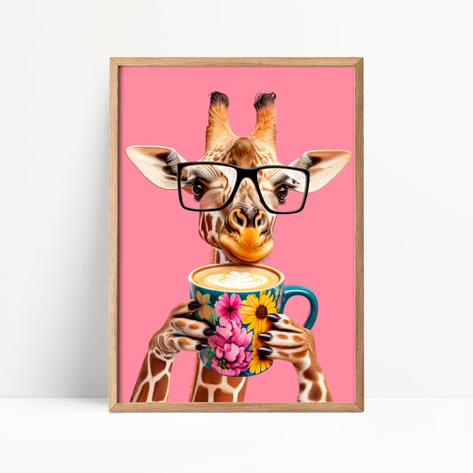 Giraffe Drinking Coffee Kitchen Print