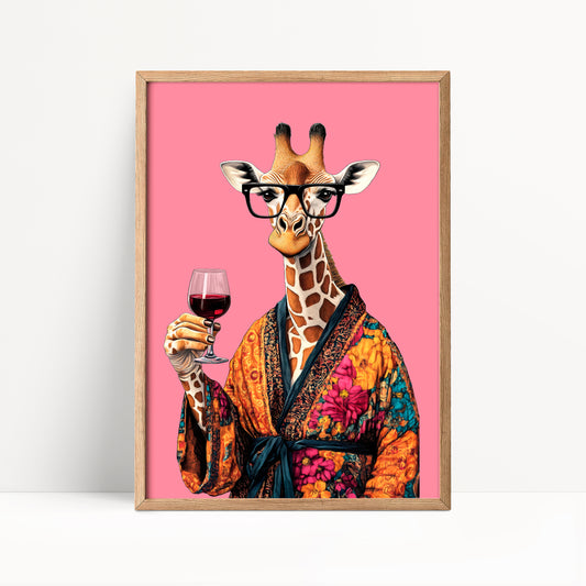 Giraffe Drinking Wine Print