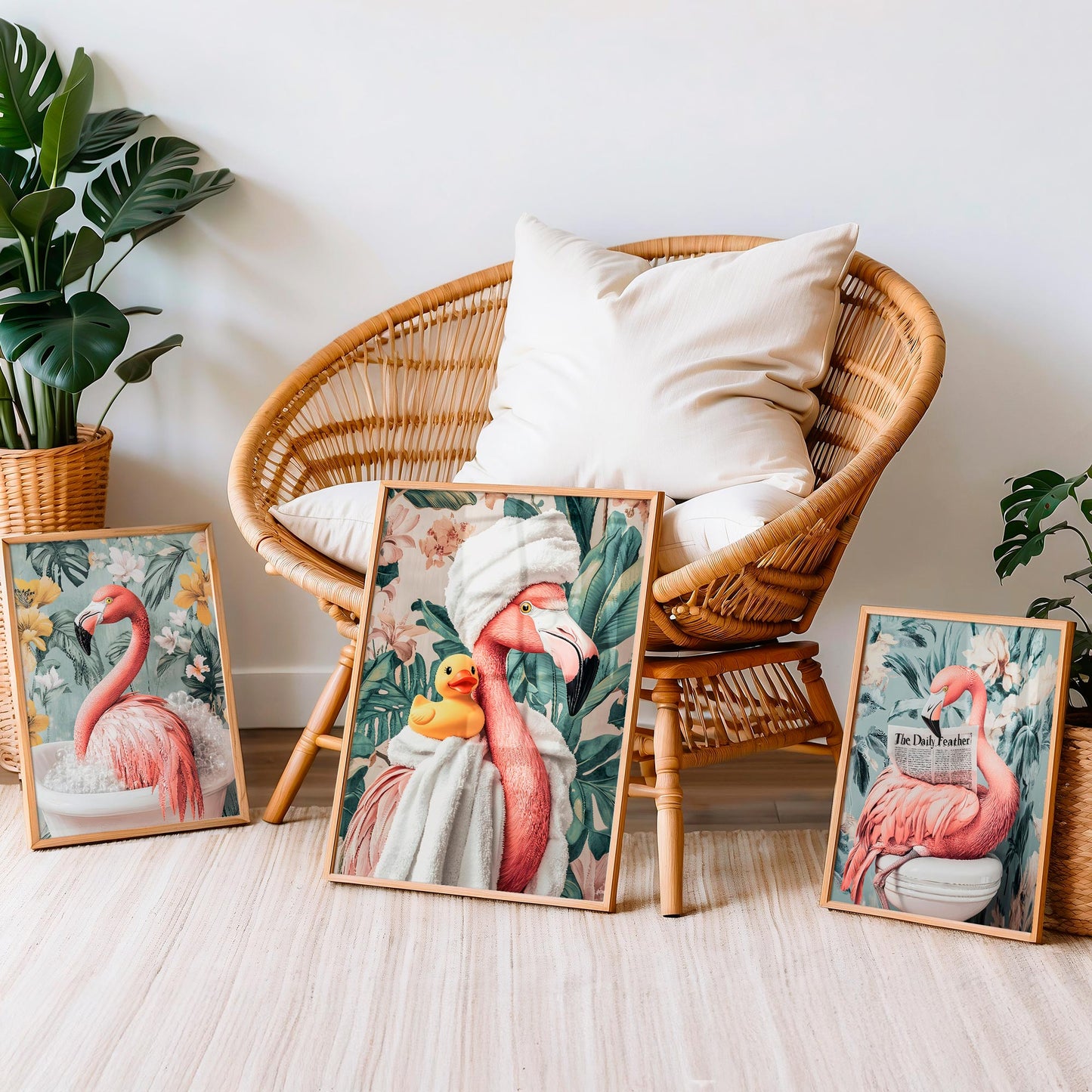 Set of 3 Flamingo Bathroom Wall Art Prints