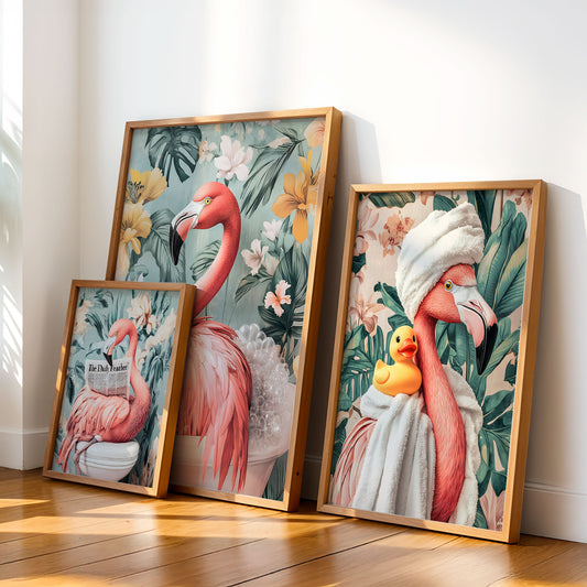 Set of 3 Flamingo Bathroom Wall Art Prints