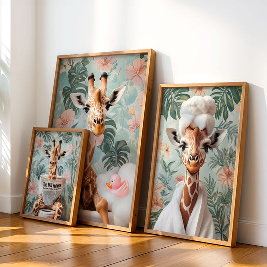 Set of 3 Funny Giraffe Bathroom Wall Art Prints