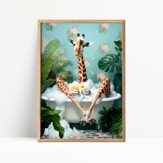 Funny Giraffe in Bath Tub Poster – Tropical Bathroom Wall Art