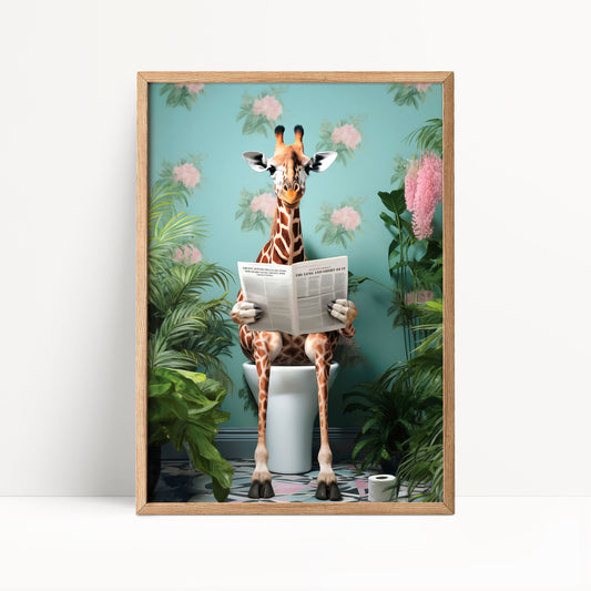 Funny Giraffe on Toilet Poster – Tropical Bathroom Wall Art