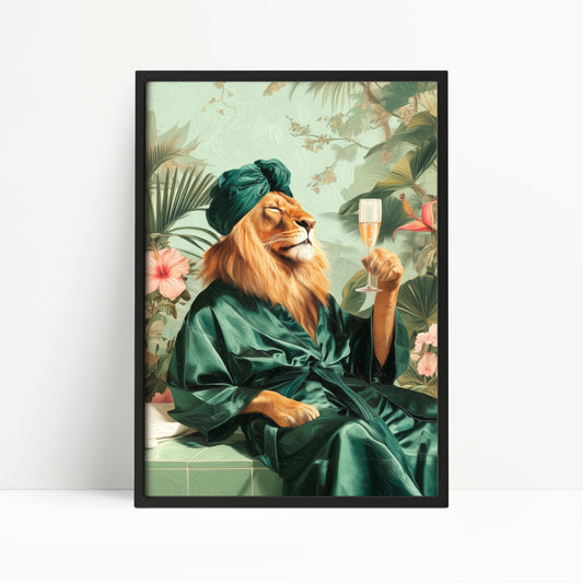 Funny Lion in Robe Print: Green Maximalist & Jungle Safari Home Decor