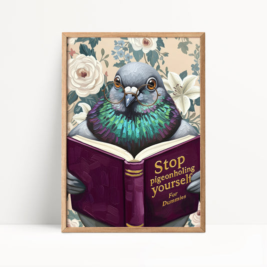 Funny Pigeon Reading Book Art – Quirky Bird Lover Wall Decor