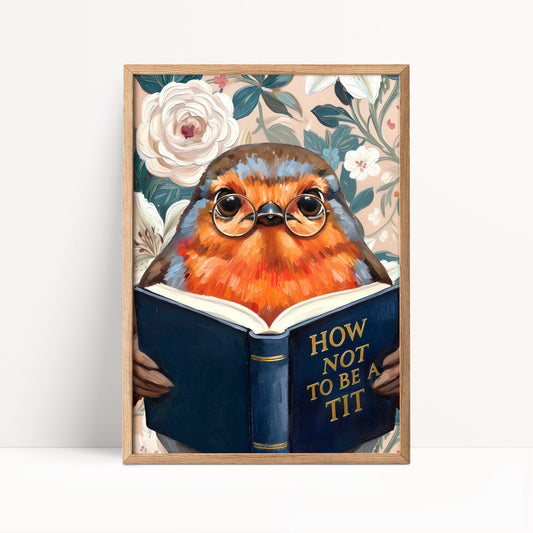 Funny Robin Reading Book Art – Quirky Bird Lover Wall Decor