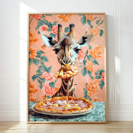 Giraffe Eating Pizza Kitchen Print