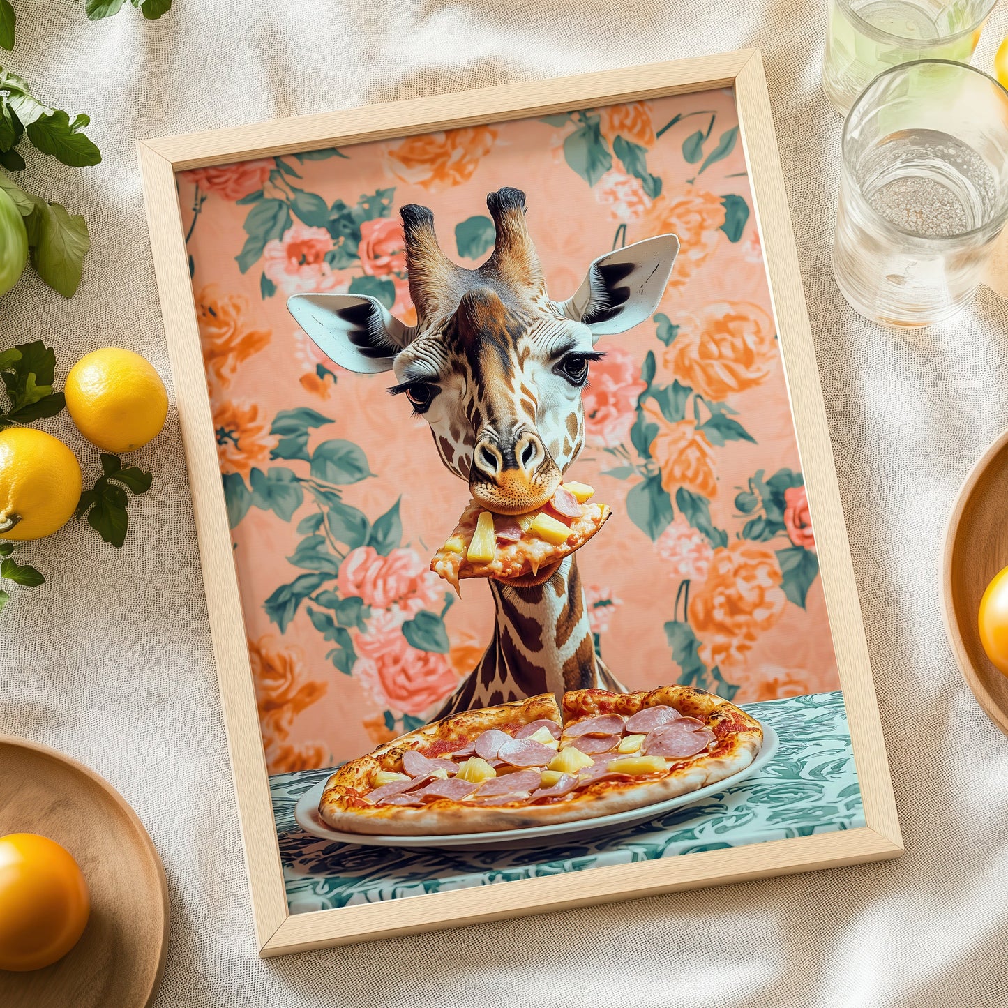 Giraffe Eating Pizza Kitchen Print