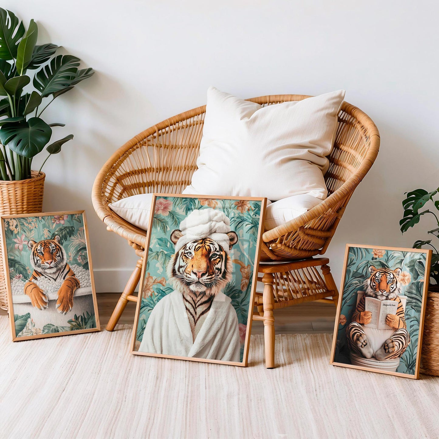 Set of 3 Funny Tiger Bathroom Wall Art Prints