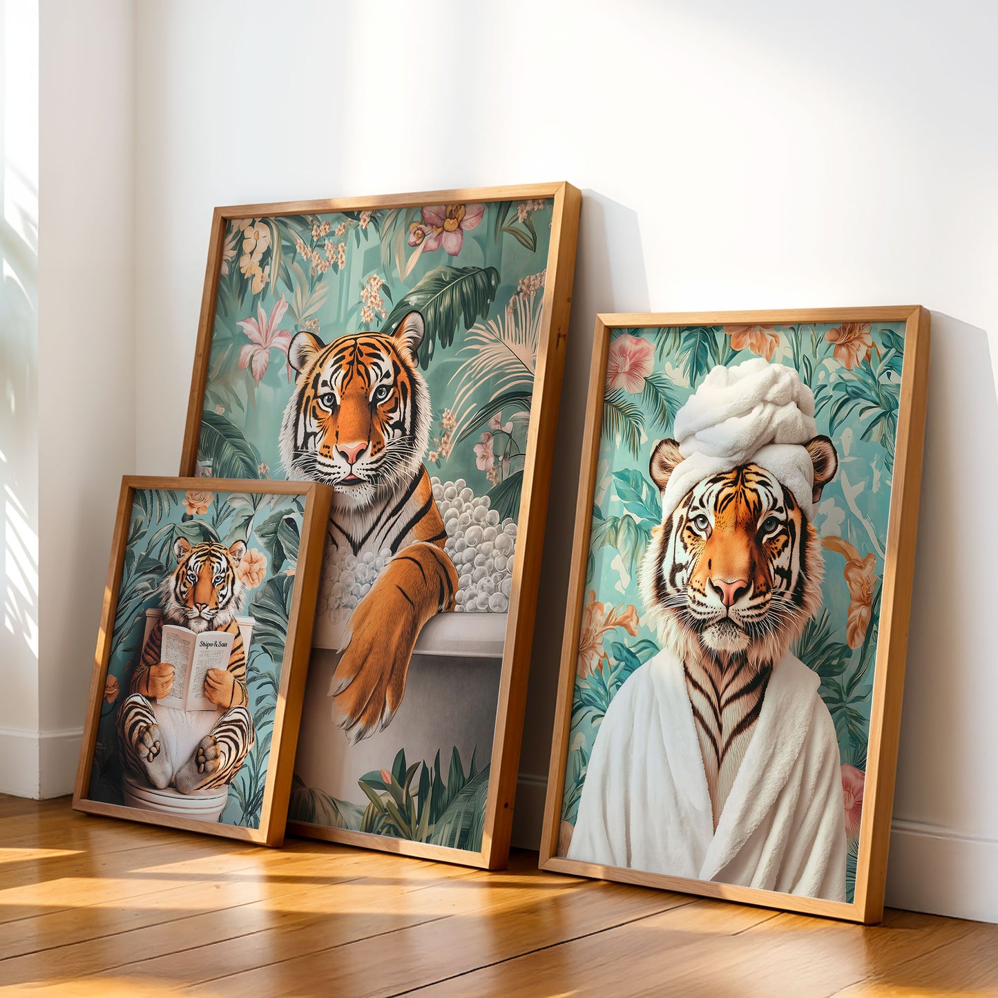 Set of 3 Funny Tiger Bathroom Wall Art Prints