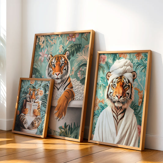 Set of 3 Funny Tiger Bathroom Wall Art Prints