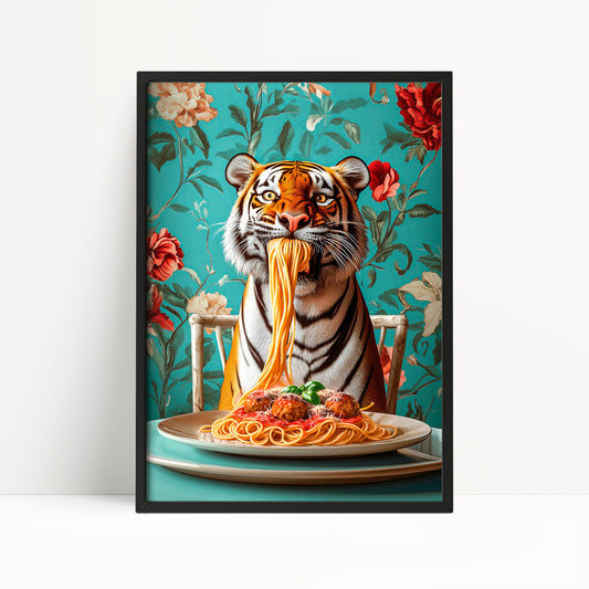 Funny Tiger Eating Spaghetti Print – Maximalist Kitchen Wall Art