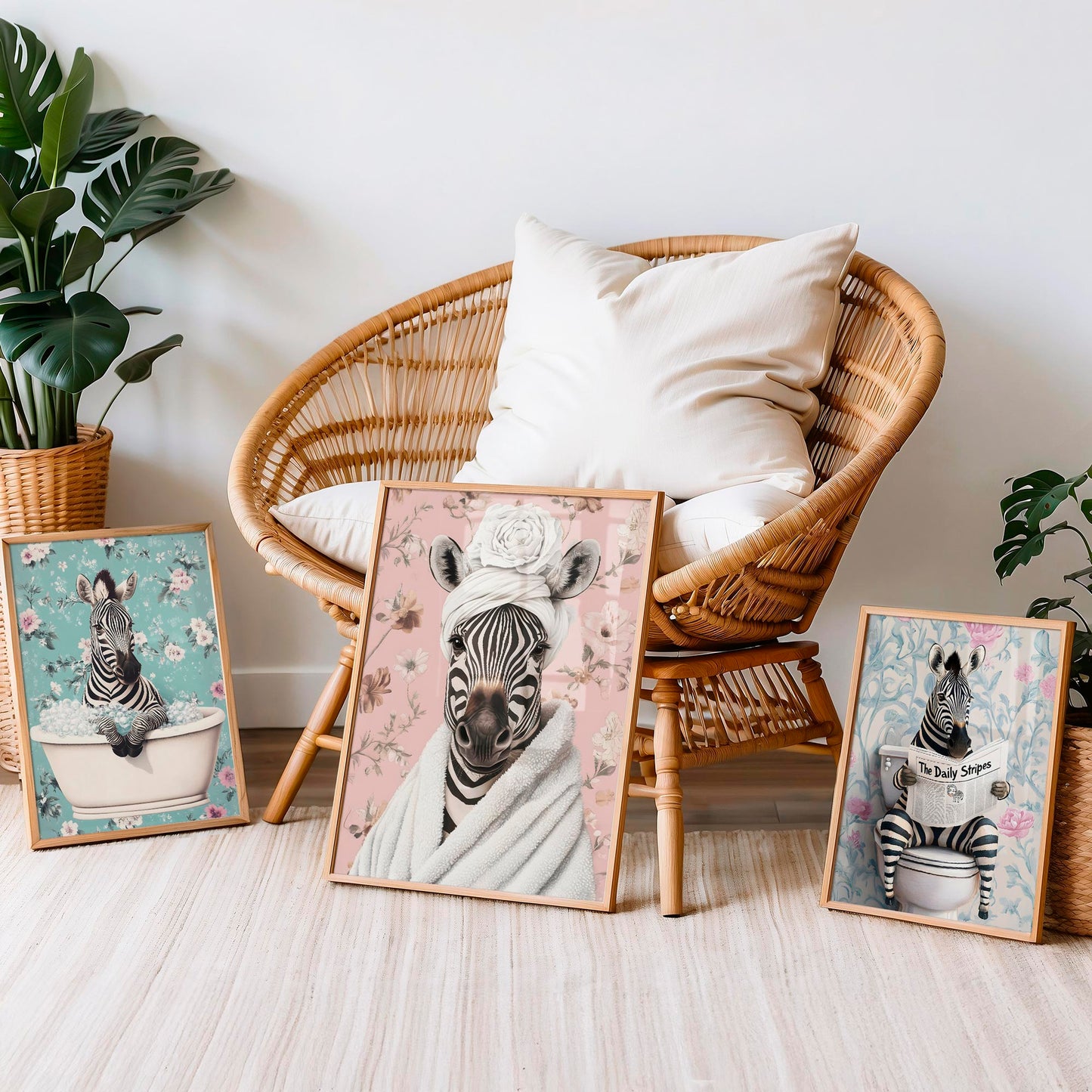 Set of 3 Funny Zebra Bathroom Wall Art Prints