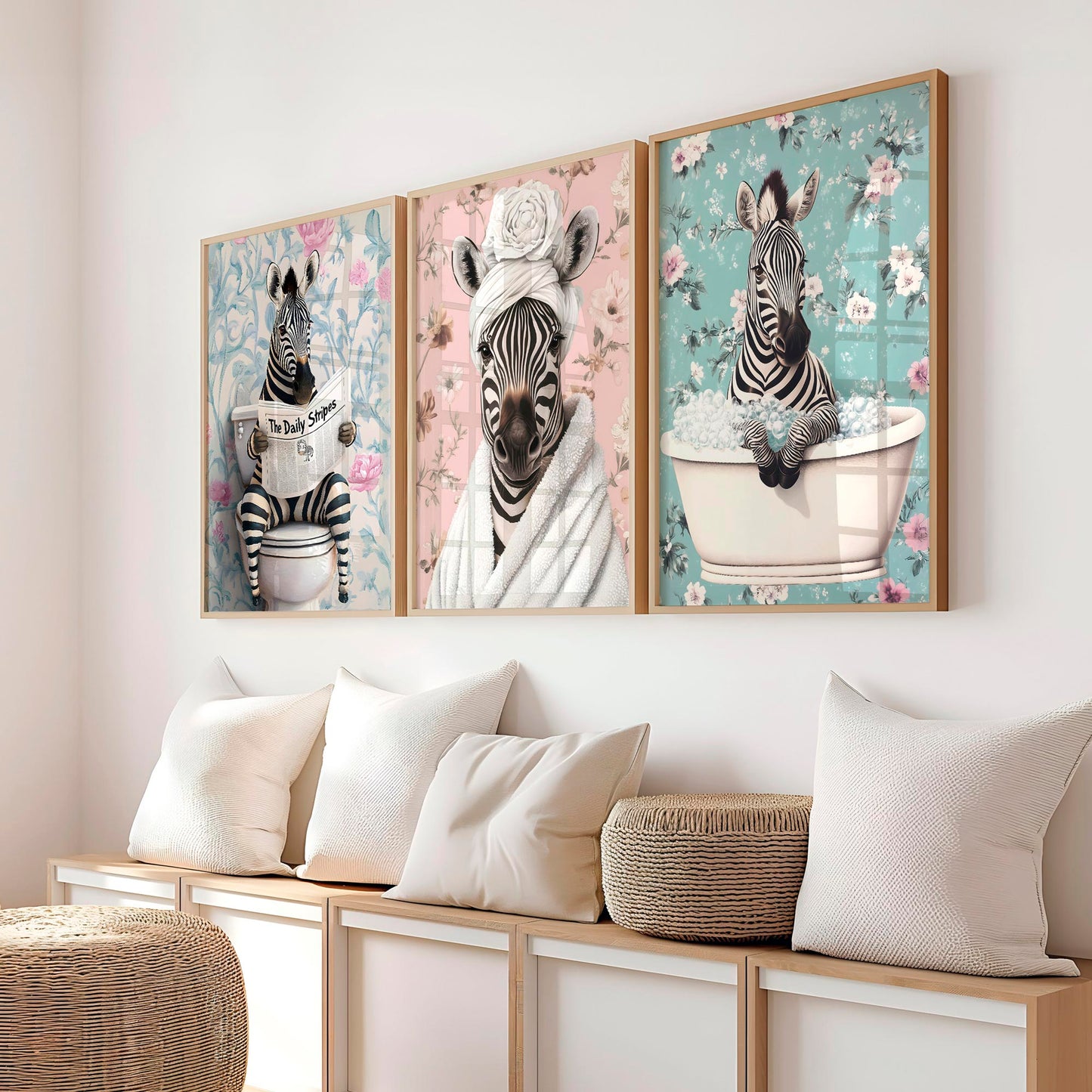 Set of 3 Funny Zebra Bathroom Wall Art Prints