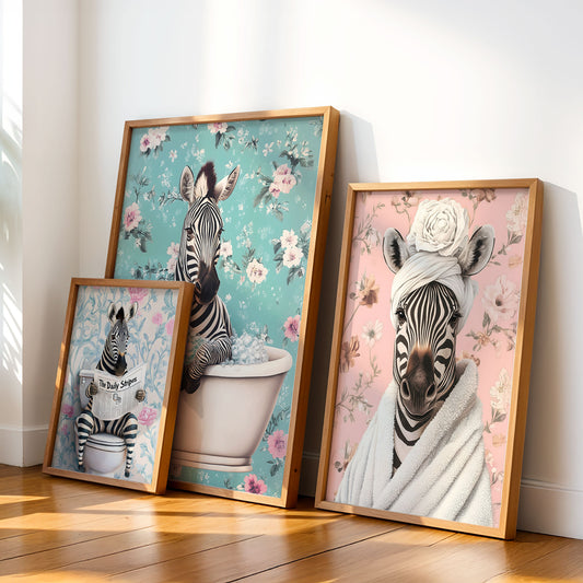 Set of 3 Funny Zebra Bathroom Wall Art Prints