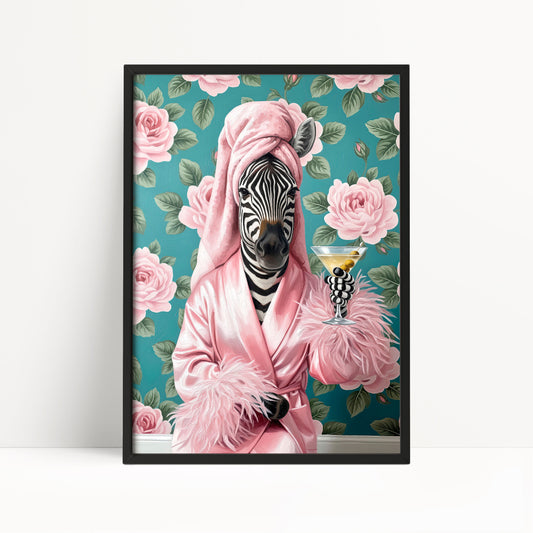 Funny Zebra in Robe Poster – Glam Bathroom & Bar Wall Art