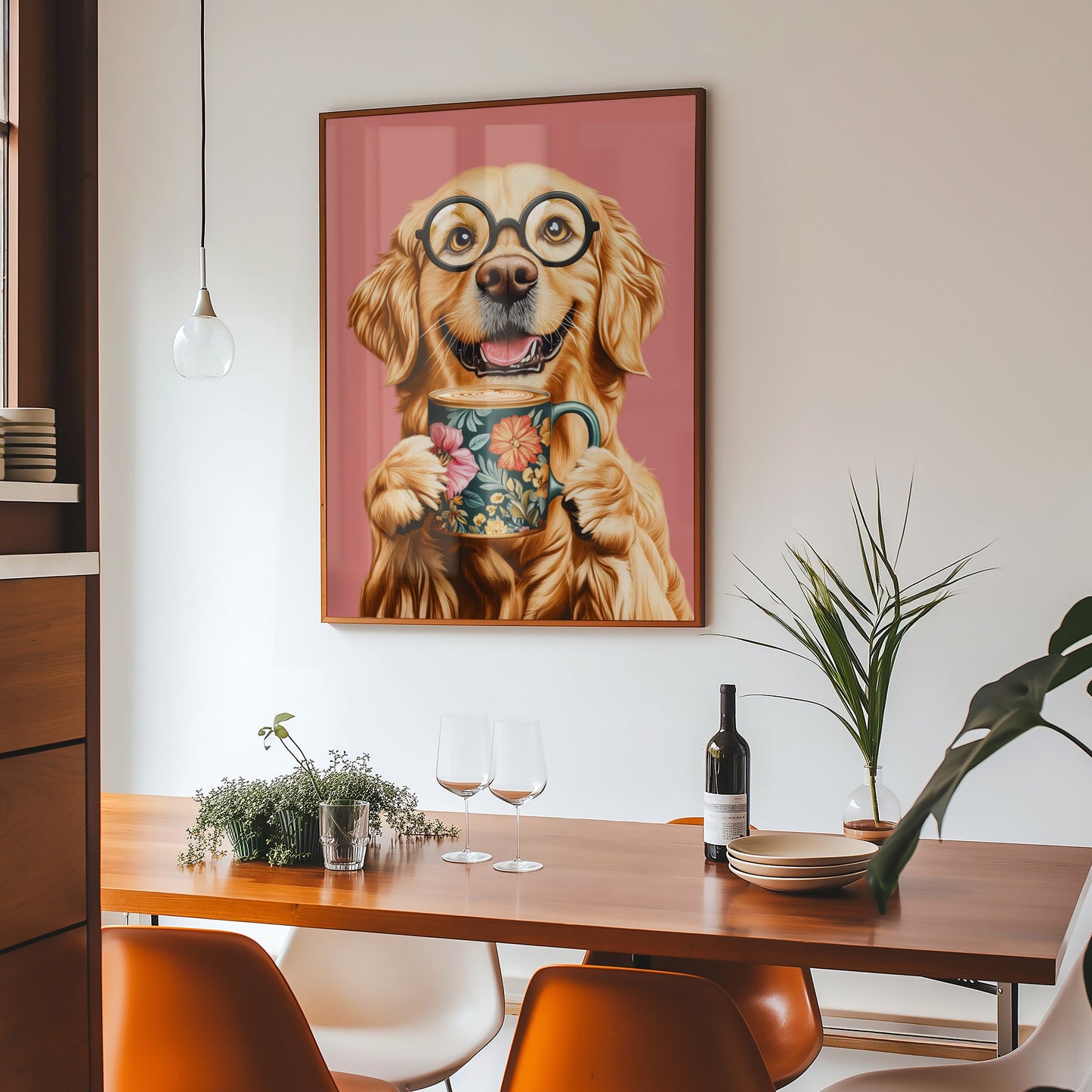 a painting of a dog with glasses holding a cup of coffee