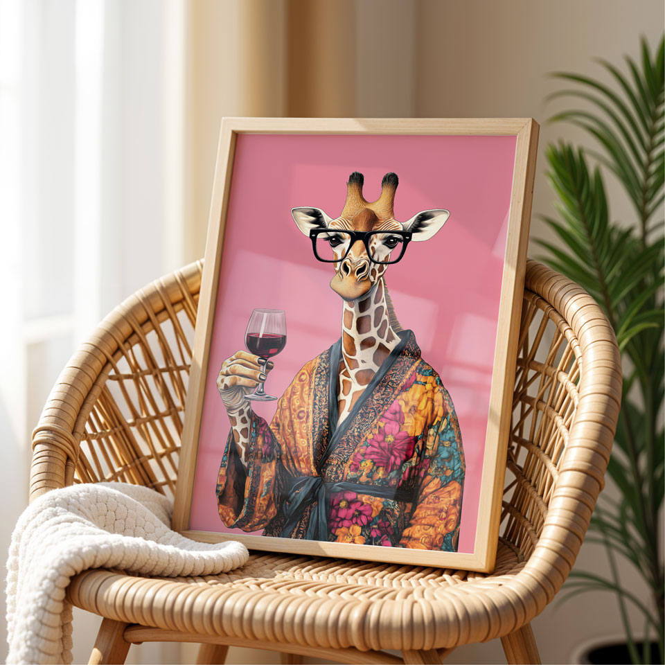 a picture of a giraffe holding a glass of wine