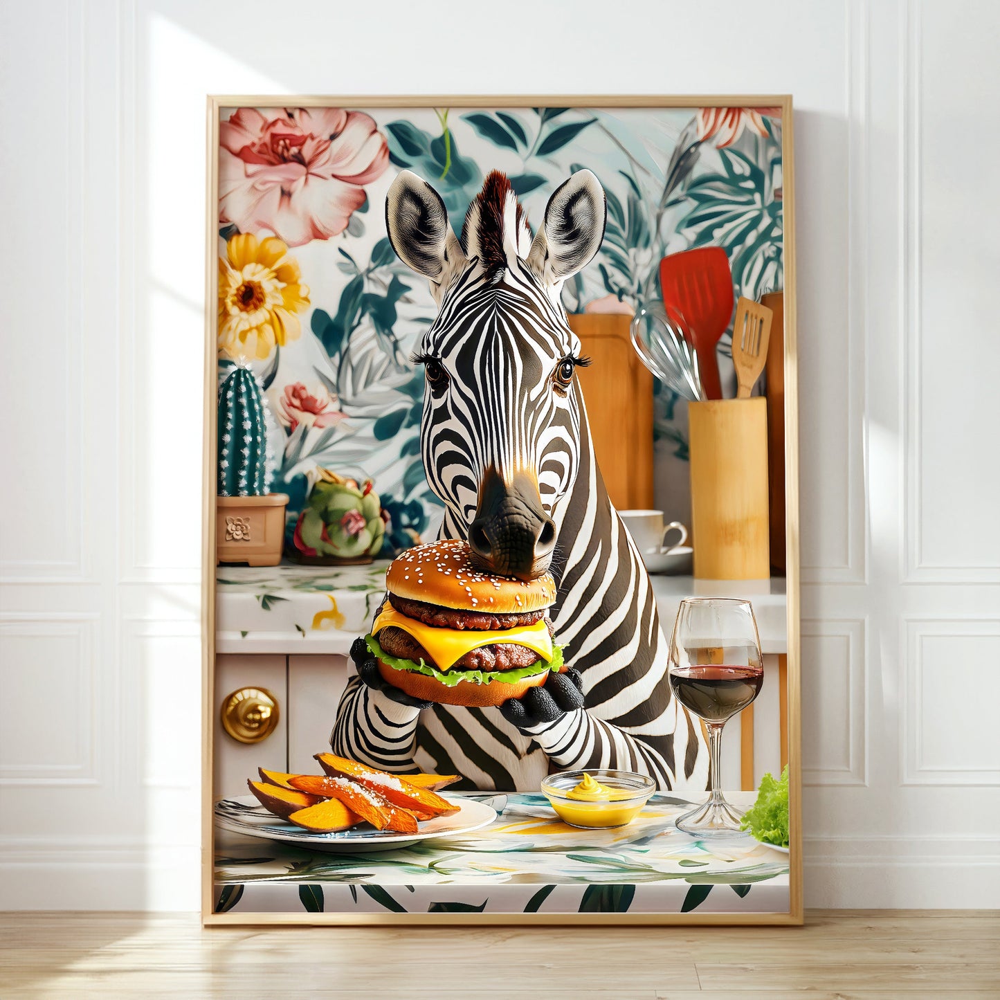 a picture of a zebra eating a hamburger