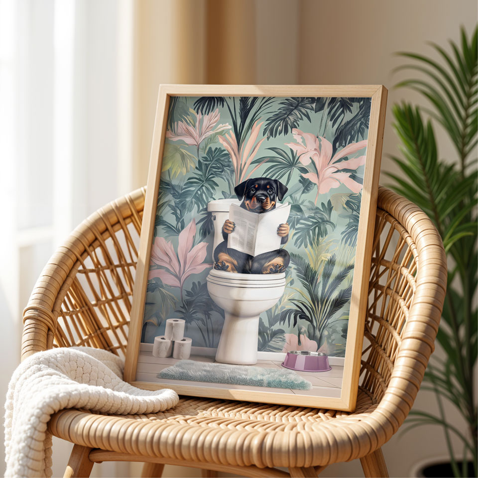a picture of a dog sitting on top of a toilet