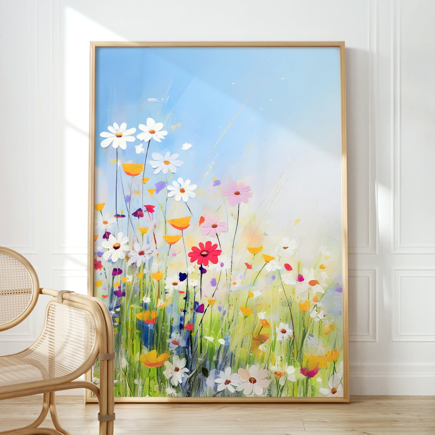 a painting of a field of daisies and poppies