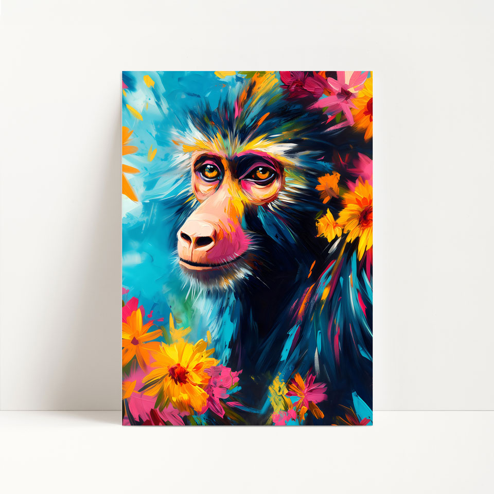 a painting of a monkey surrounded by flowers
