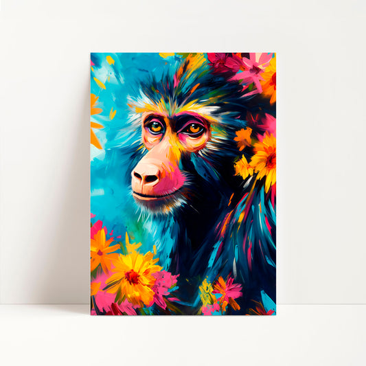 a painting of a monkey surrounded by flowers